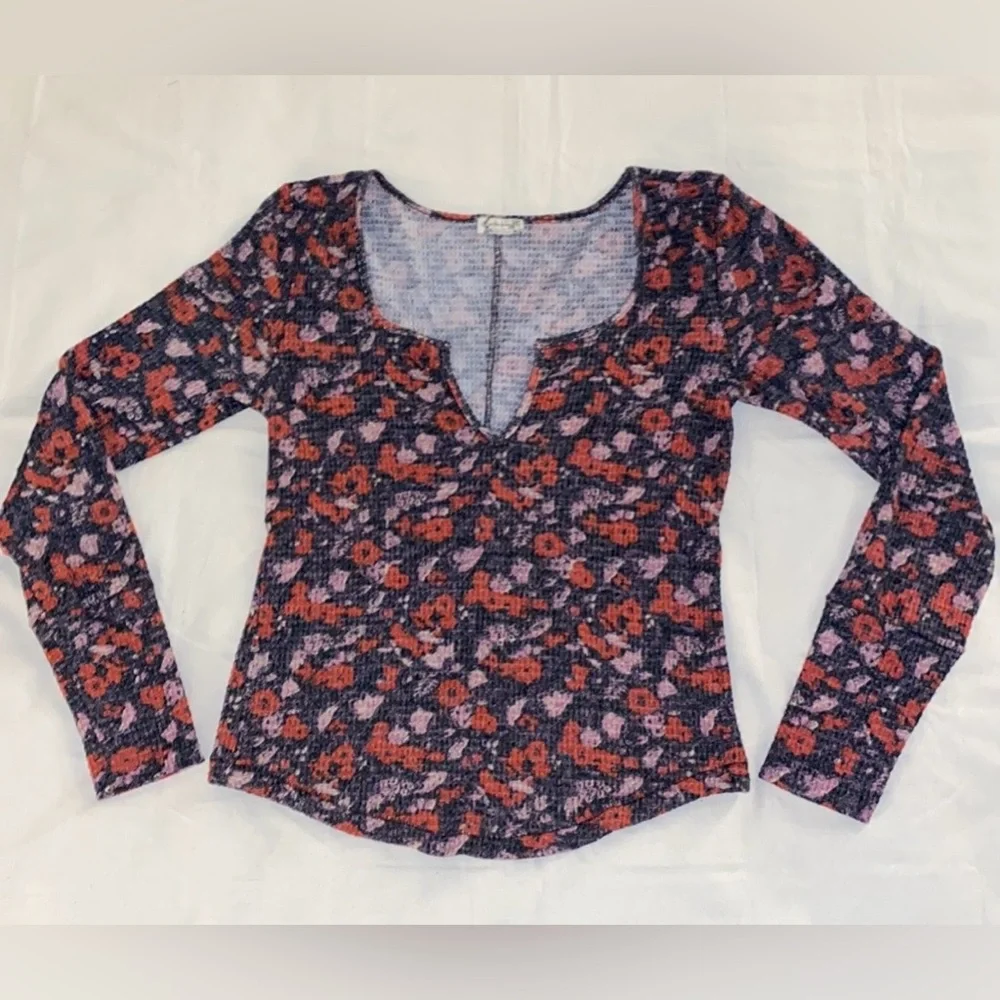 Free People Ciara Printed Floral Waffle Knit Top - Black Combo - Picture 6 of 12